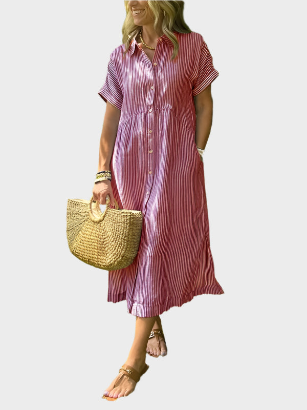 Niamh – Striped Shirt Dress with Wing Details, Buttons and Pockets