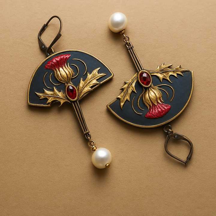 Boho Earrings with Pearl and Red Crystal