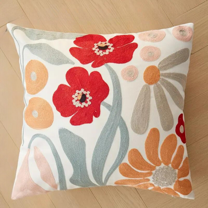 Cushion Cover with Embroidered Sunflowers