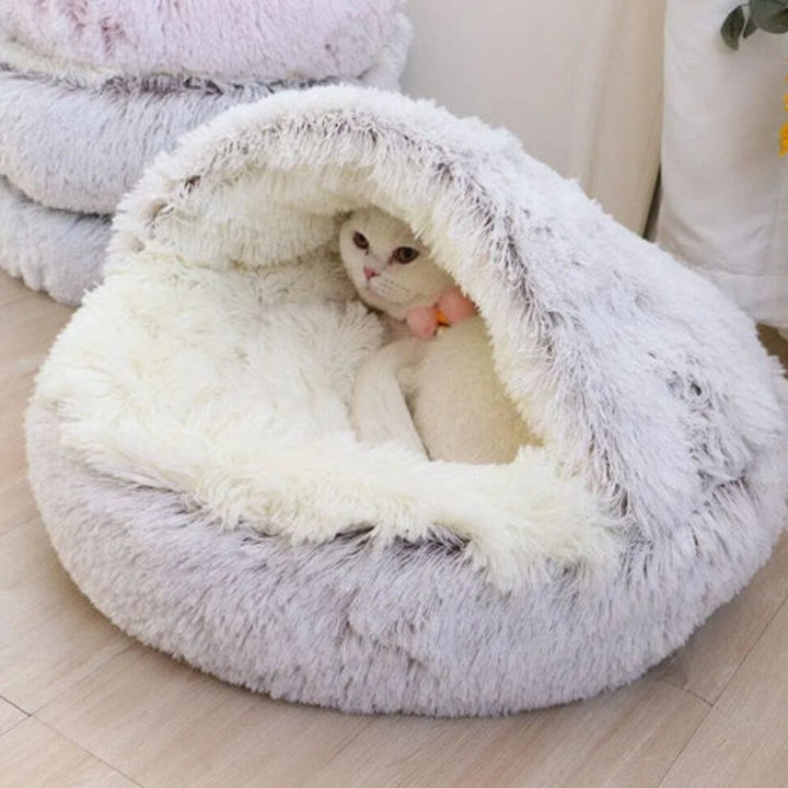 Round Faux-Fur Pet Bed with Hood