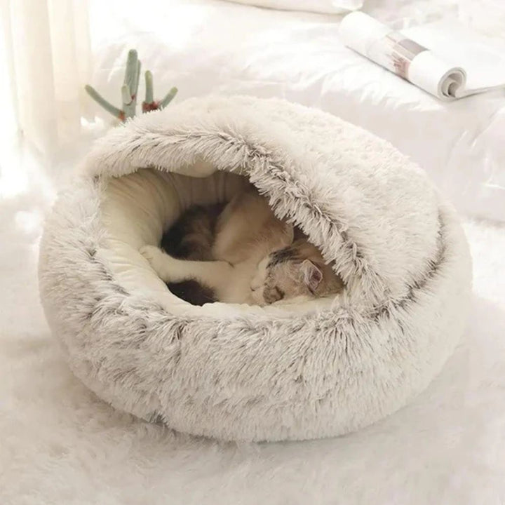Round Faux-Fur Pet Bed with Hood