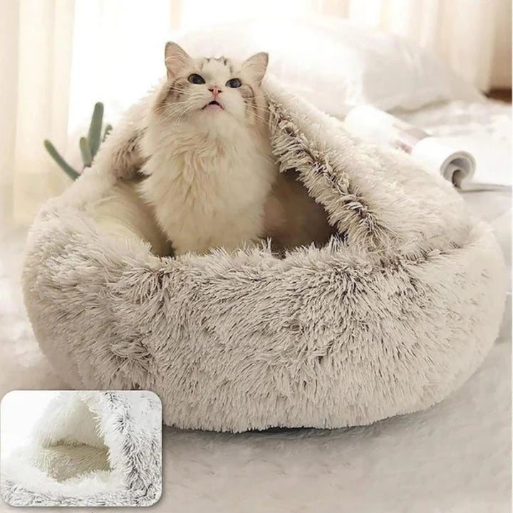 Round Faux-Fur Pet Bed with Hood