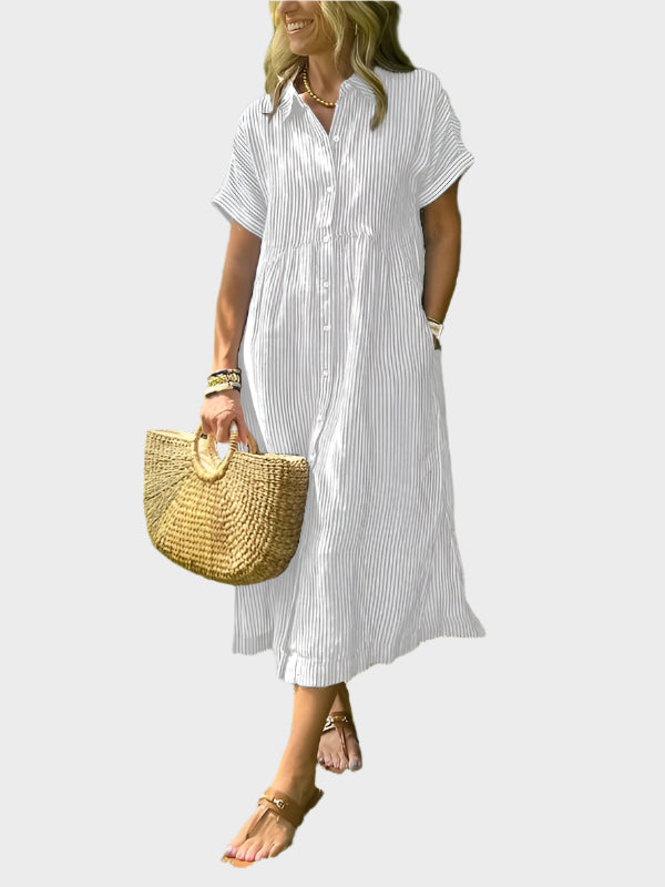 Niamh – Striped Shirt Dress with Wing Details, Buttons and Pockets