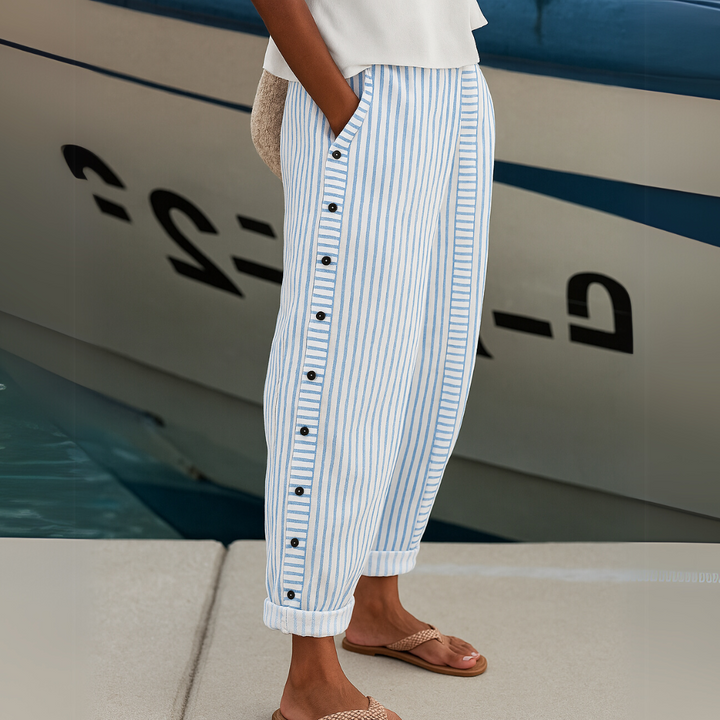 Caitlin – High-Waisted Striped Button Trousers