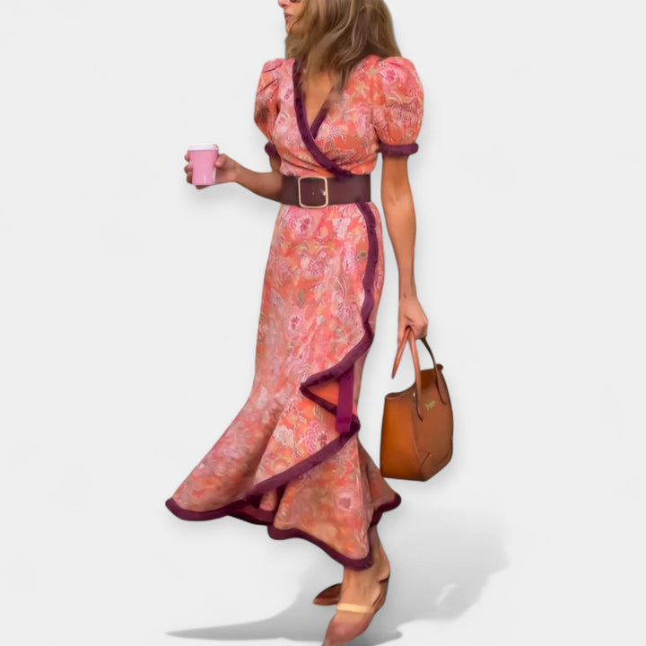 Saoirse – Romantic Dress with Belt and Satin Ruffle