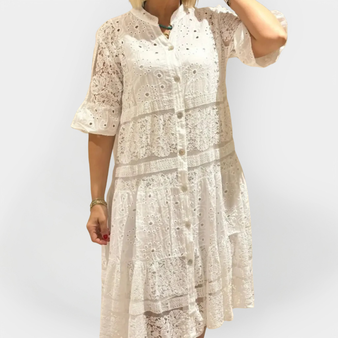 Aisling – Lace Dress with Sleeves and Front Buttons