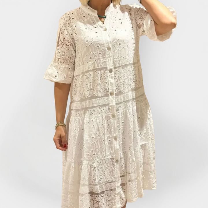Aisling – Lace Dress with Sleeves and Front Buttons