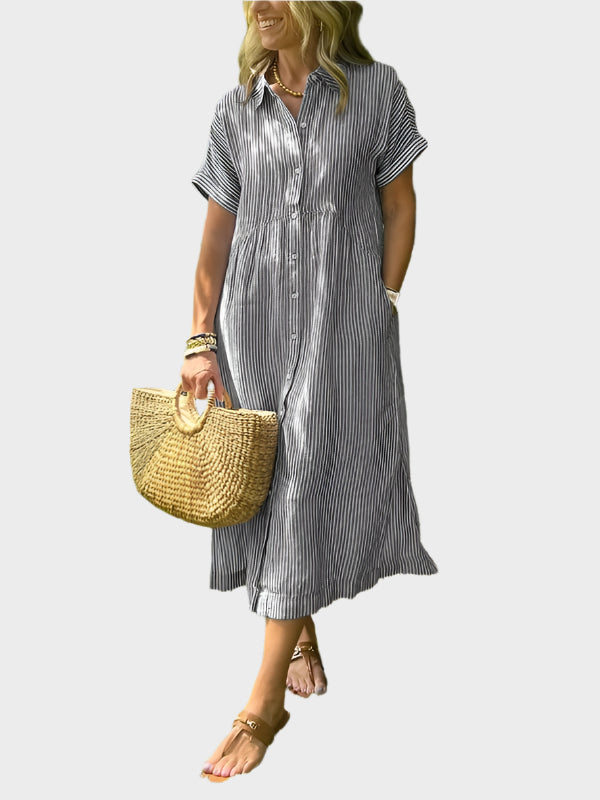 Niamh – Striped Shirt Dress with Wing Details, Buttons and Pockets