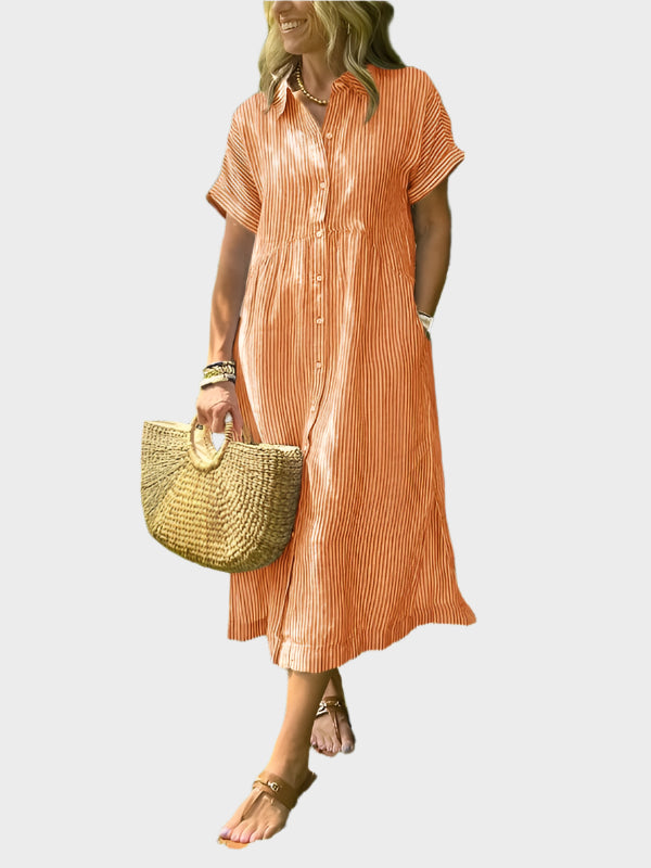 Niamh – Striped Shirt Dress with Wing Details, Buttons and Pockets