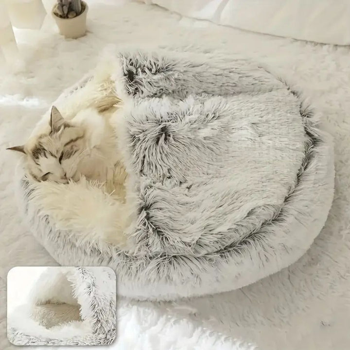 Round Faux-Fur Pet Bed with Hood