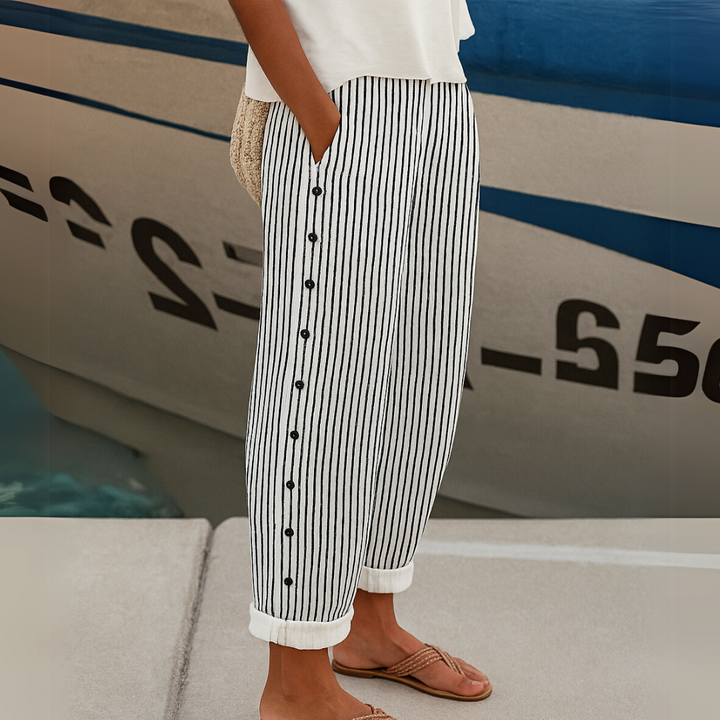 Caitlin – High-Waisted Striped Button Trousers