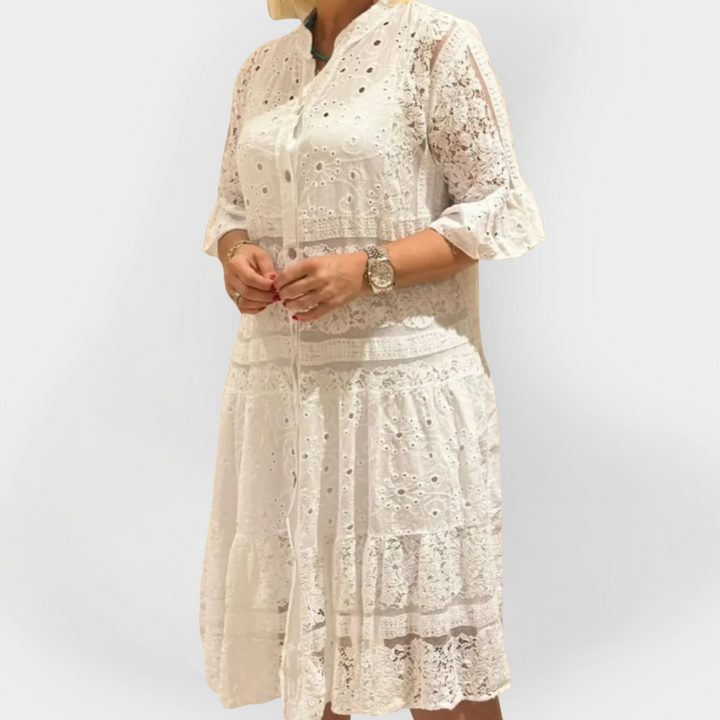 Aisling – Lace Dress with Sleeves and Front Buttons