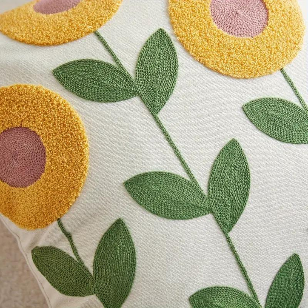 Cushion Cover with Embroidered Sunflowers