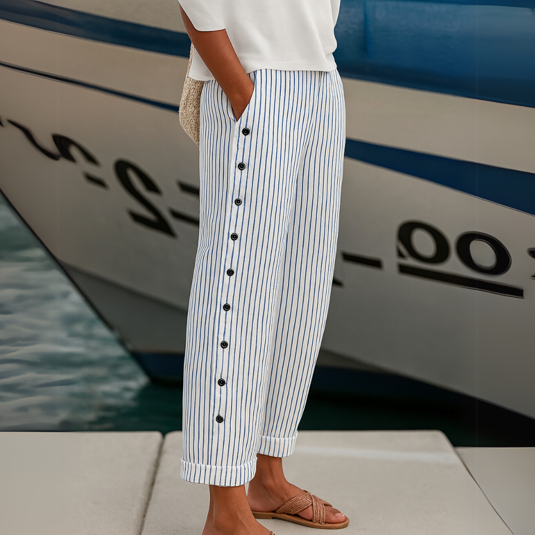 Caitlin – High-Waisted Striped Button Trousers
