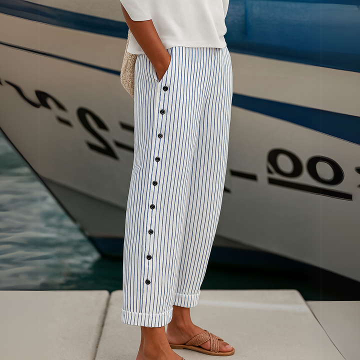 Caitlin – High-Waisted Striped Button Trousers