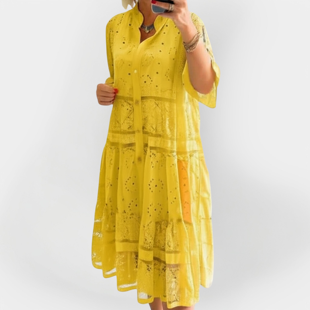 Aisling – Lace Dress with Sleeves and Front Buttons