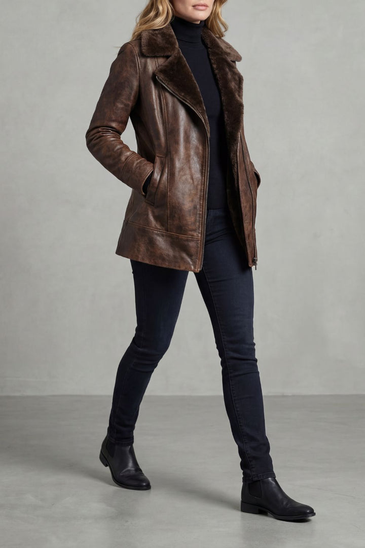 Ravella – Elegant Leather Jacket with Fur Lining