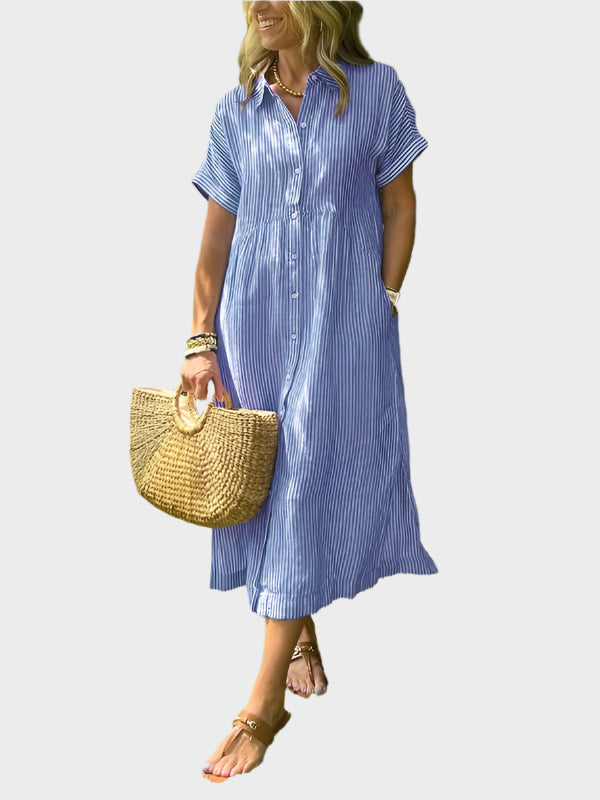 Niamh – Striped Shirt Dress with Wing Details, Buttons and Pockets