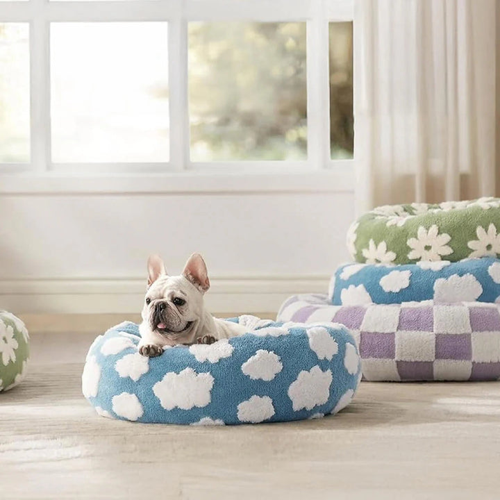 Round Plush Pet Bed with Cheerful Pattern
