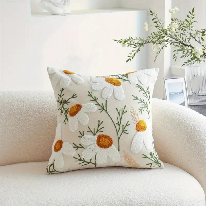 Cushion Cover with Embroidered Sunflowers