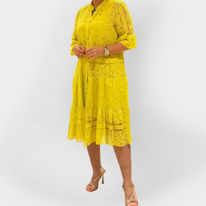 Aisling – Lace Dress with Sleeves and Front Buttons