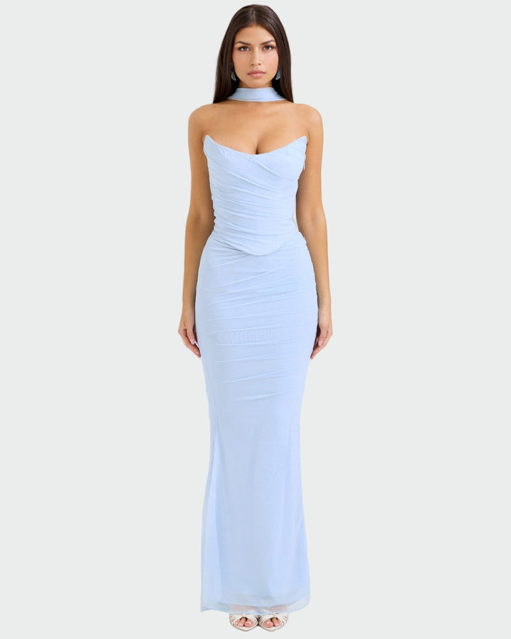 Lora – Long Draped Dress with Corset Detail