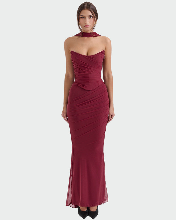 Lora – Long Draped Dress with Corset Detail
