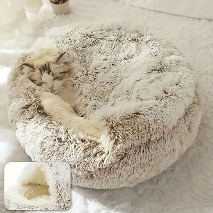 Round Faux-Fur Pet Bed with Hood