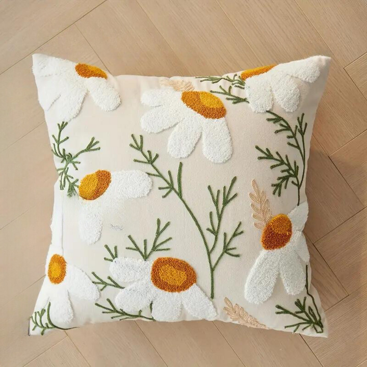 Cushion Cover with Embroidered Sunflowers