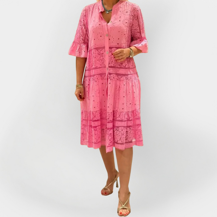 Aisling – Lace Dress with Sleeves and Front Buttons