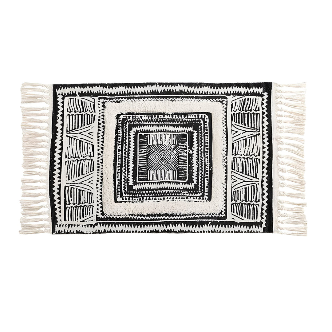 Black and White Boho Rug with Tassels