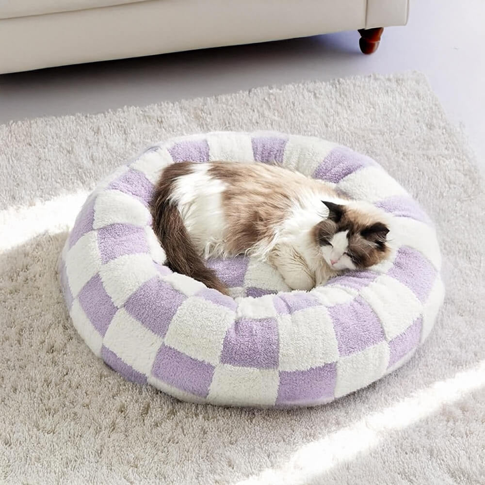 Round Plush Pet Bed with Cheerful Pattern