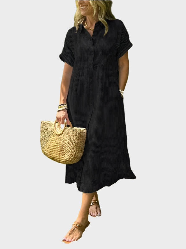 Niamh – Striped Shirt Dress with Wing Details, Buttons and Pockets