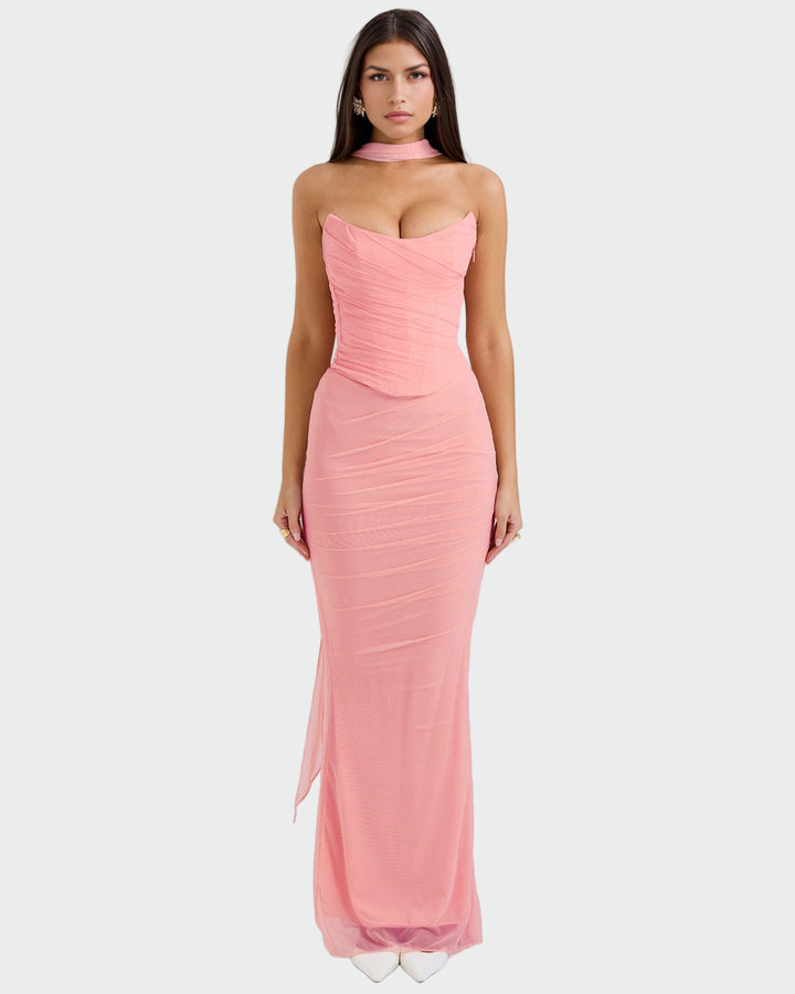 Lora – Long Draped Dress with Corset Detail