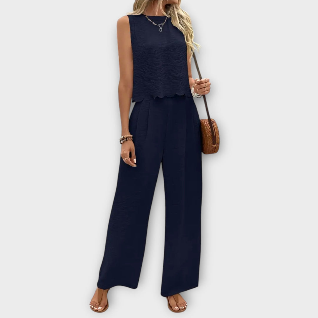 Valeria – Ruffle-Trim Top and Long Trousers Set
