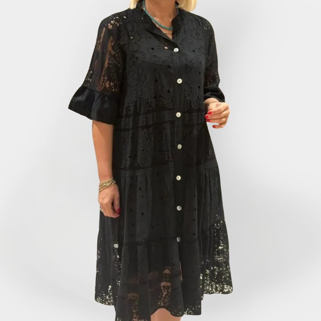Aisling – Lace Dress with Sleeves and Front Buttons