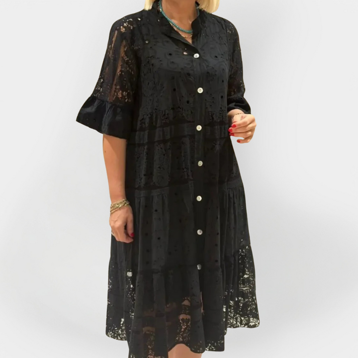 Aisling – Lace Dress with Sleeves and Front Buttons