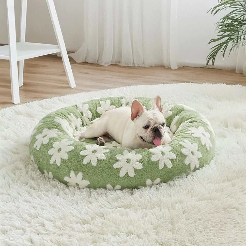 Round Plush Pet Bed with Cheerful Pattern
