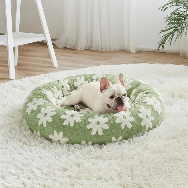 Round Plush Pet Bed with Cheerful Pattern