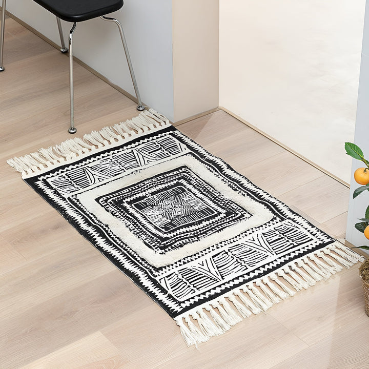 Black and White Boho Rug with Tassels