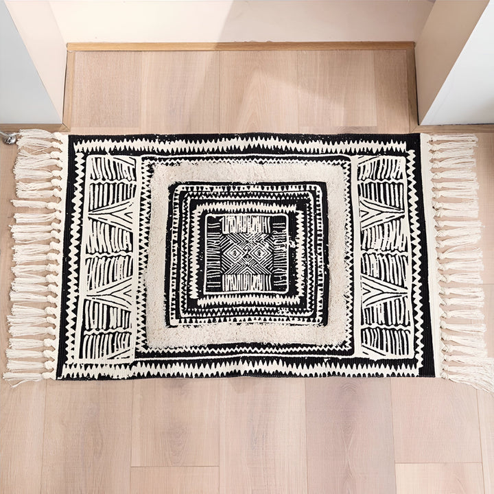 Black and White Boho Rug with Tassels