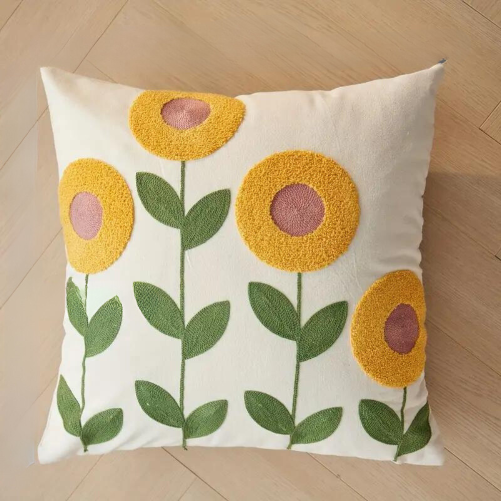 Cushion Cover with Embroidered Sunflowers