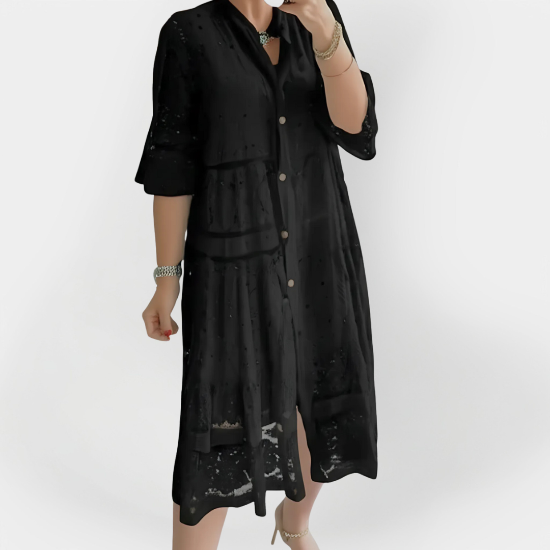 Aisling – Lace Dress with Sleeves and Front Buttons