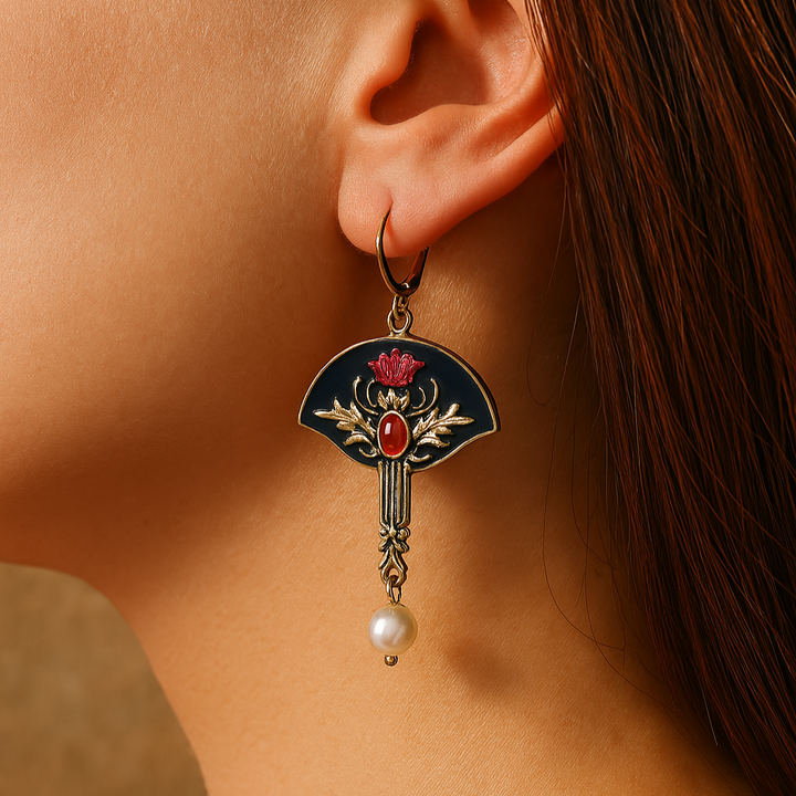 Boho Earrings with Pearl and Red Crystal