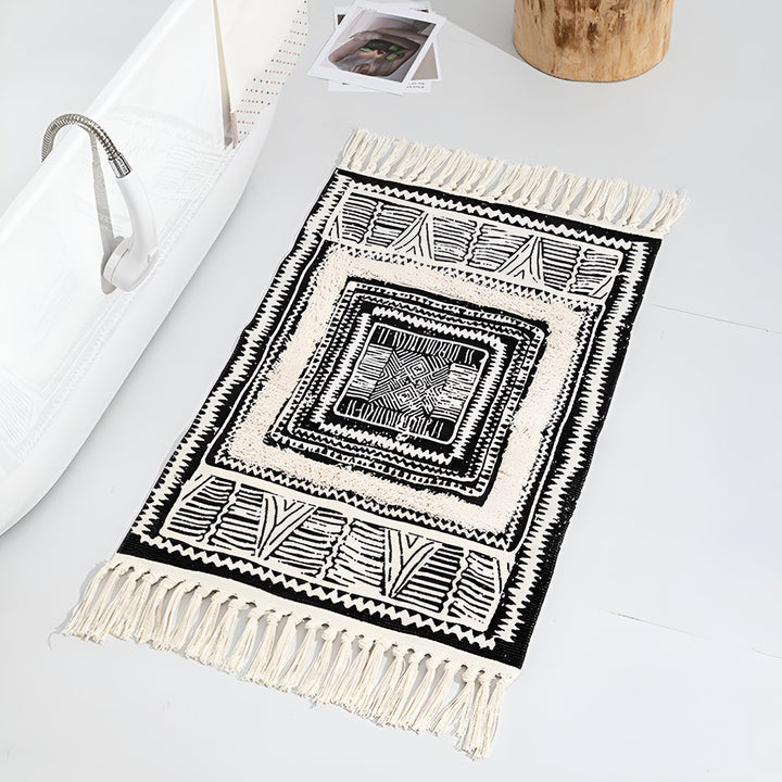 Black and White Boho Rug with Tassels