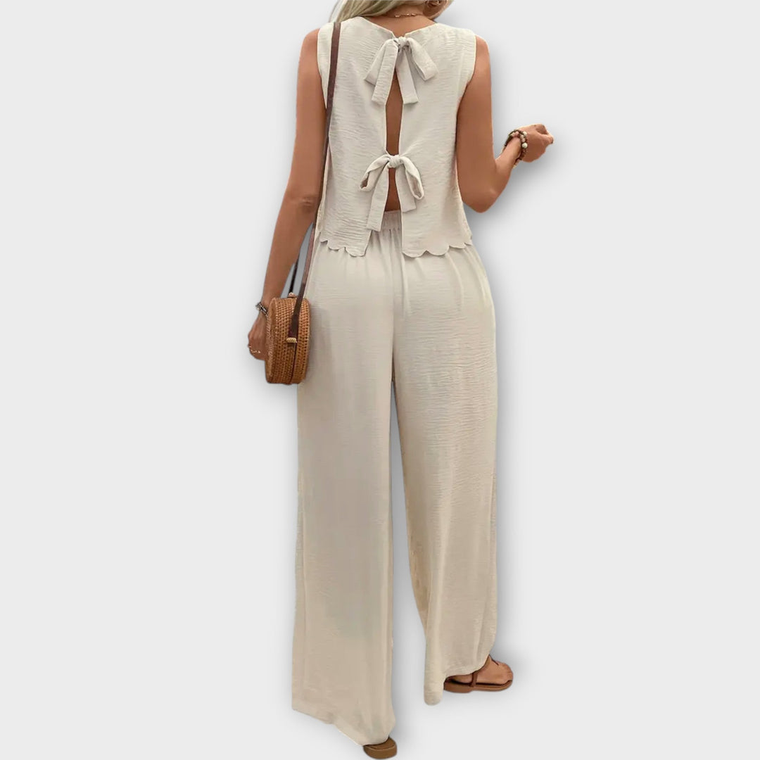 Valeria – Ruffle-Trim Top and Long Trousers Set