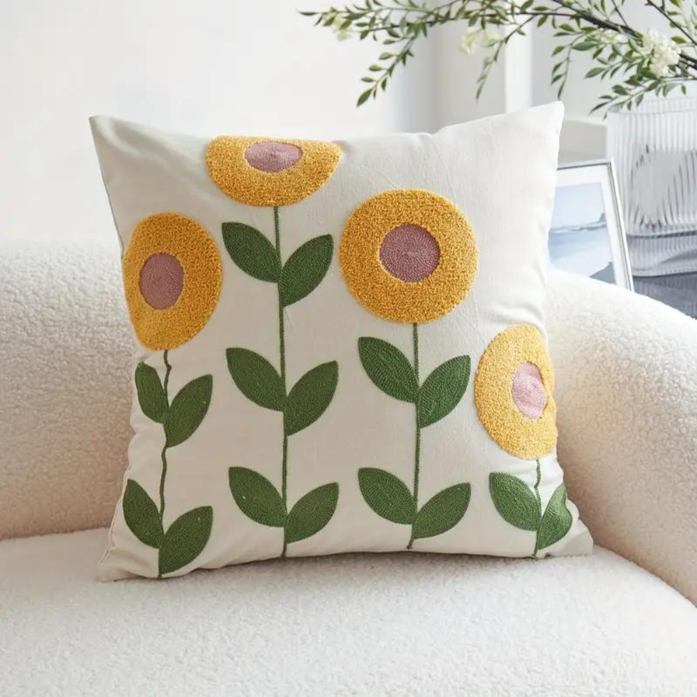 Cushion Cover with Embroidered Sunflowers