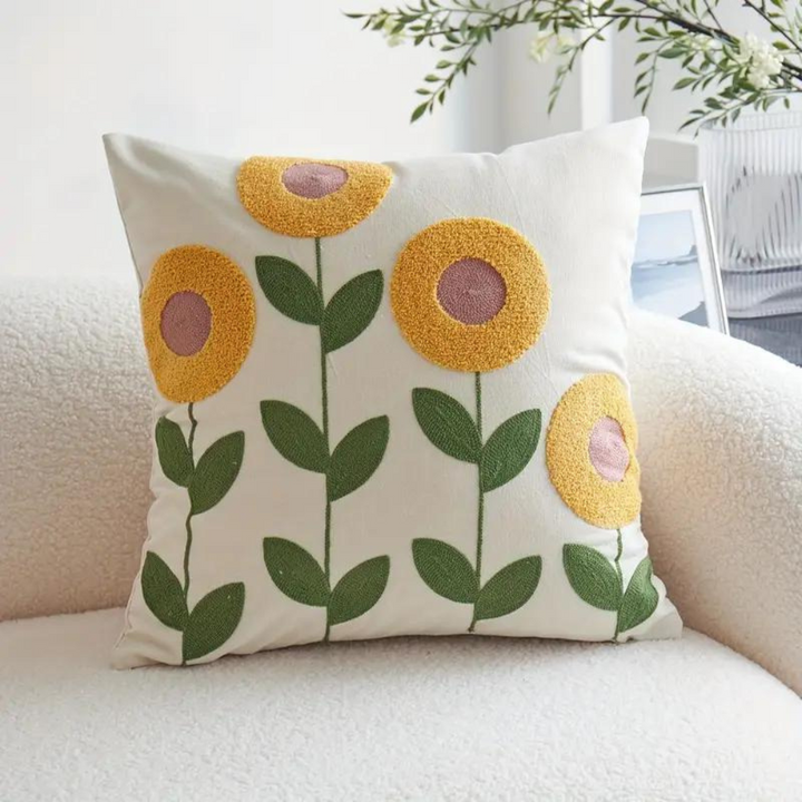 Cushion Cover with Embroidered Sunflowers