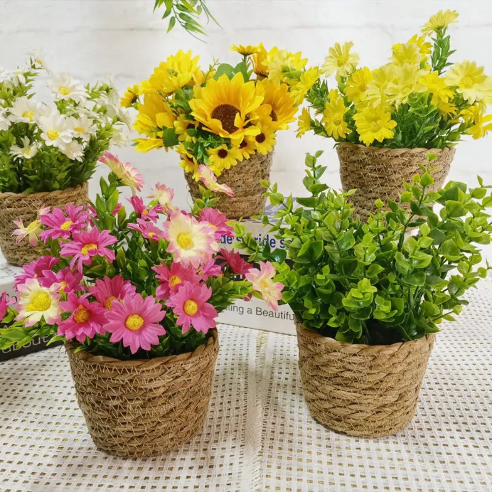 Artificial Flowers in Woven Pots