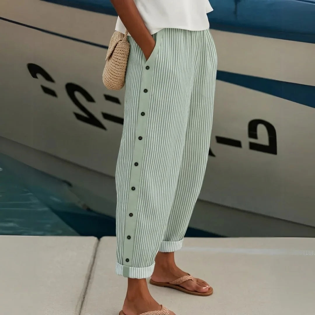 Caitlin – High-Waisted Striped Button Trousers